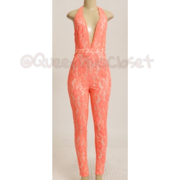 Pants - Coral nude lace skinny pant halter jumpsuit romper